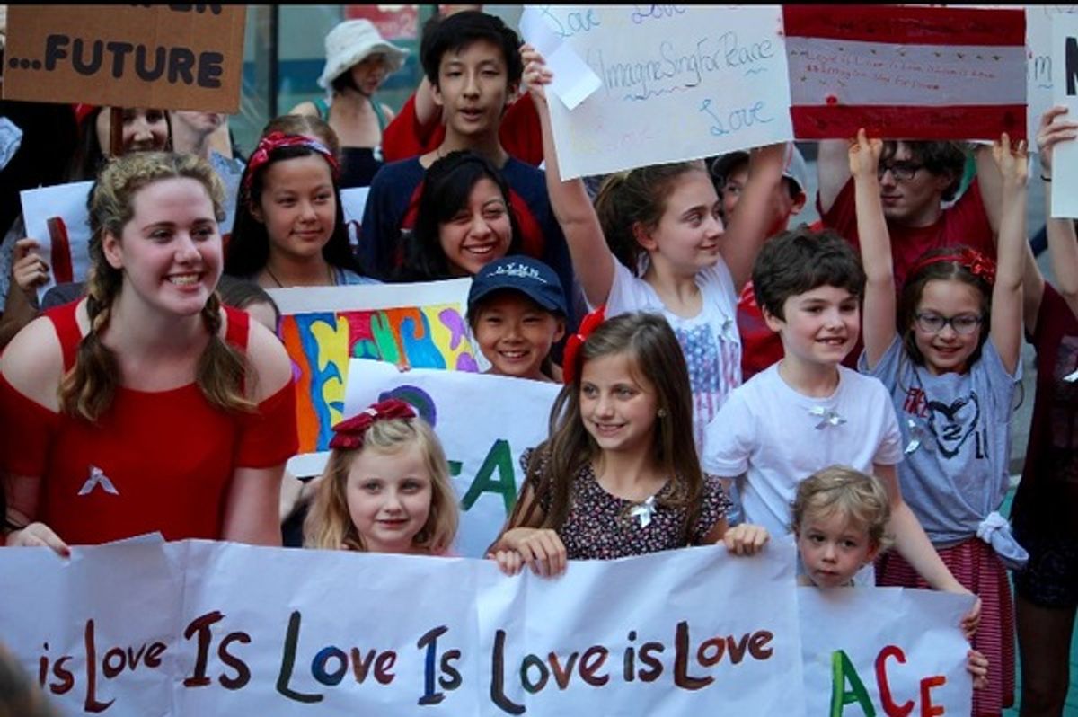 Young people from the Broadway community sing John Lennon's 'Imagine' for peace at 
